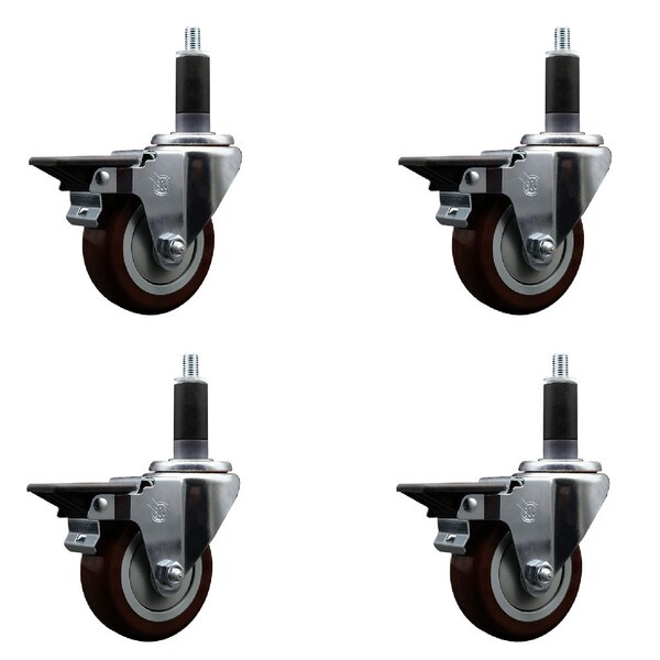 Service Caster 3.5'' Maroon Poly Swivel 1-1/8'' Expanding Stem Caster Set with Brake, 4PK SCC-EX20S3514-PPUB-MRN-PLB-118-4 - main